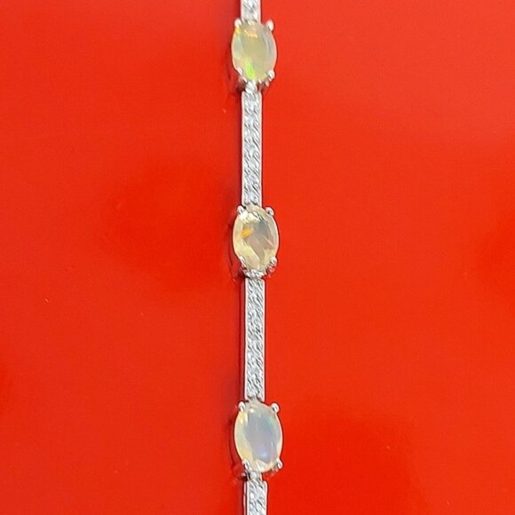 Natural Fire Opal Rainbow 6x4mm & Cz‎ 925 Sterling Silver Bracelet 7" - Picture 4 of 6